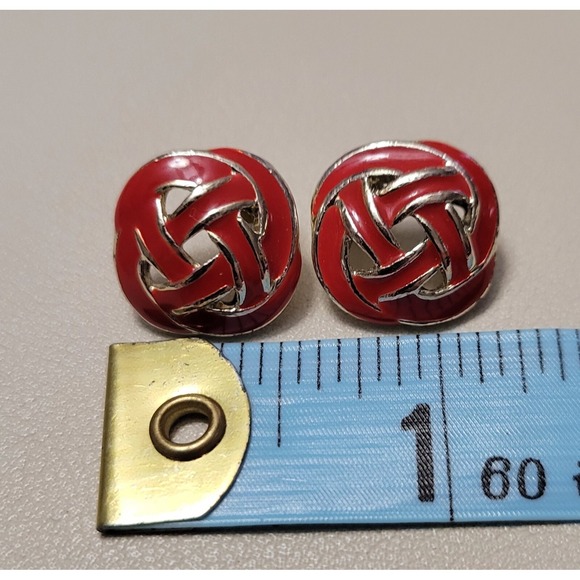 Vintage Red & Silver Tone Enamel Basket Weave Square Stud Earrings - Picture 2 of 3